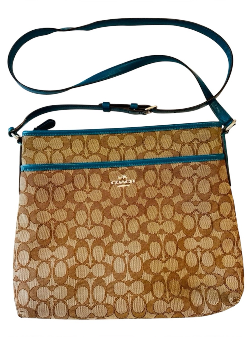 Coach Brown Signature Canvas File Crossbody with Teal Trim